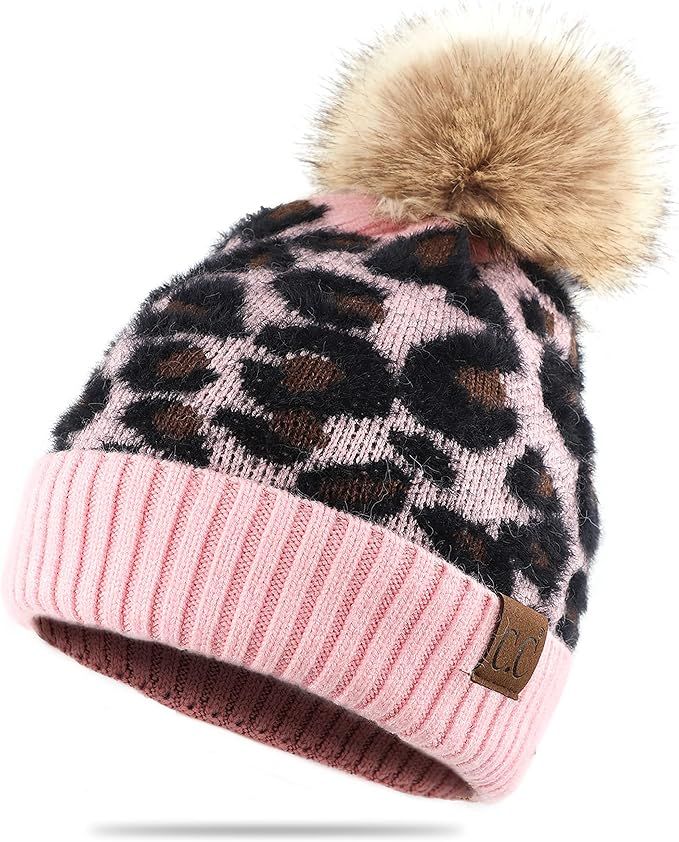 C.C Exclusives Soft Beanie hat with Leopard Pattern and Fur Pom(HAT-7001)(SF-7001) | Amazon (US)