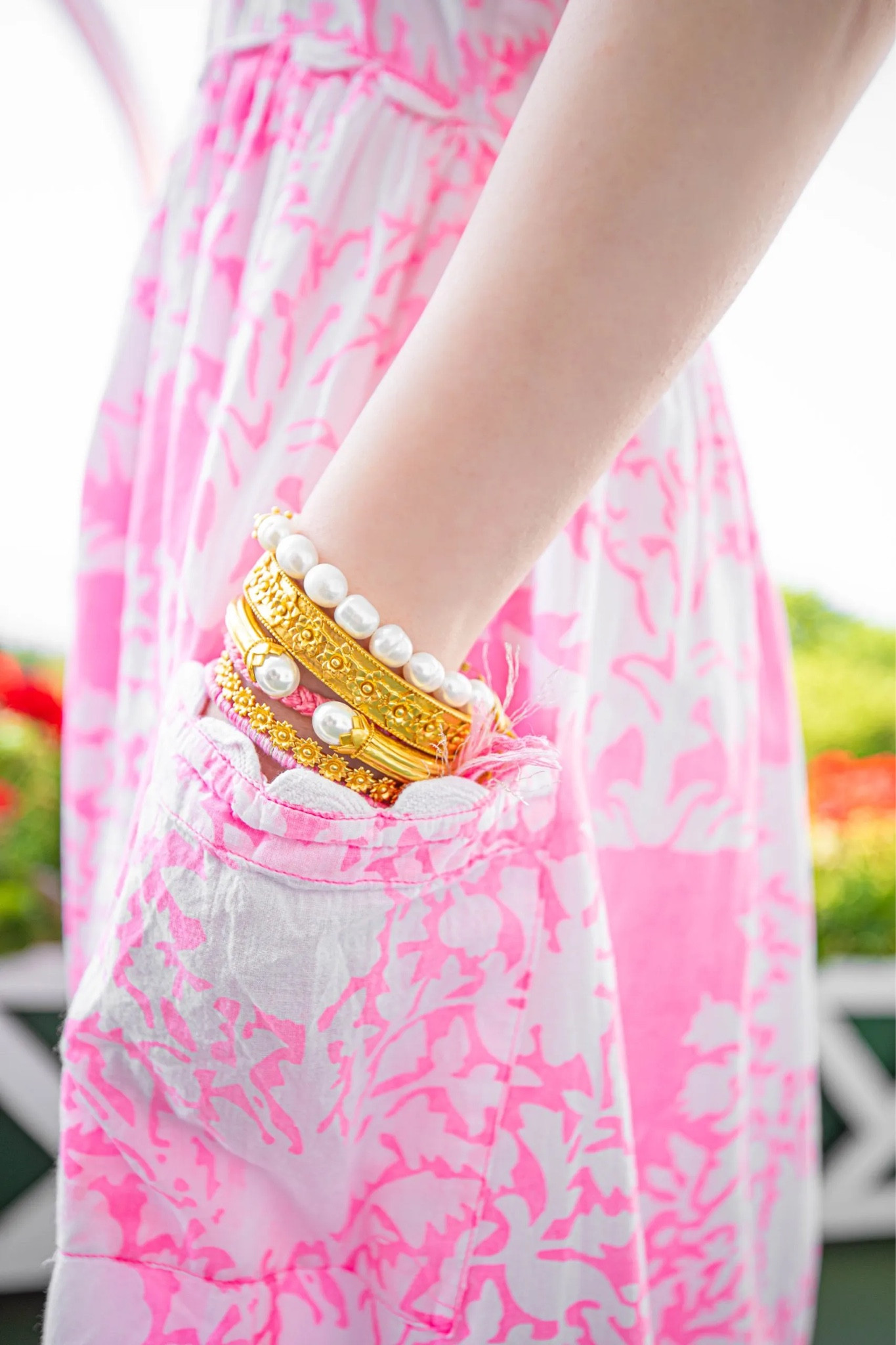 Pink and white maxi tie shoulder dress for summer. #blockprint #pearls #scallop #goldjewelry #beachdress 

#LTKSeasonal #LTKsalealert #LTKstyletip