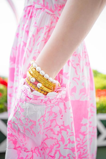 Pink and white maxi tie shoulder dress for summer. #blockprint #pearls #scallop #goldjewelry #beachdress 

#LTKSeasonal #LTKsalealert #LTKstyletip