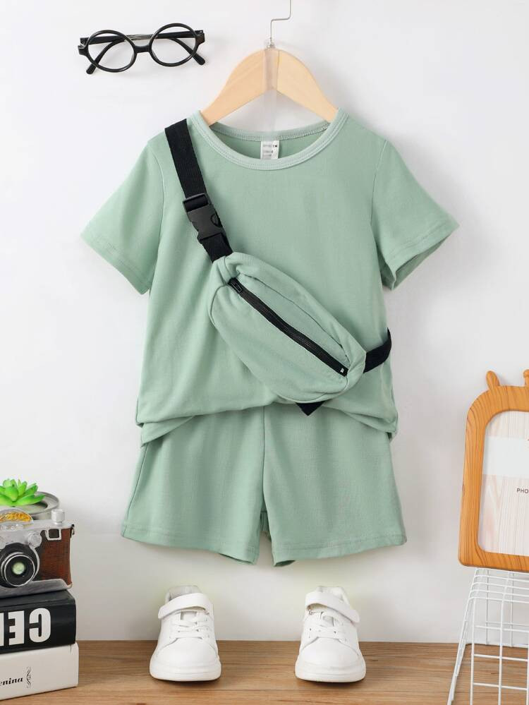 Toddler Boys Solid Tee & Shorts & Bag | SHEIN
