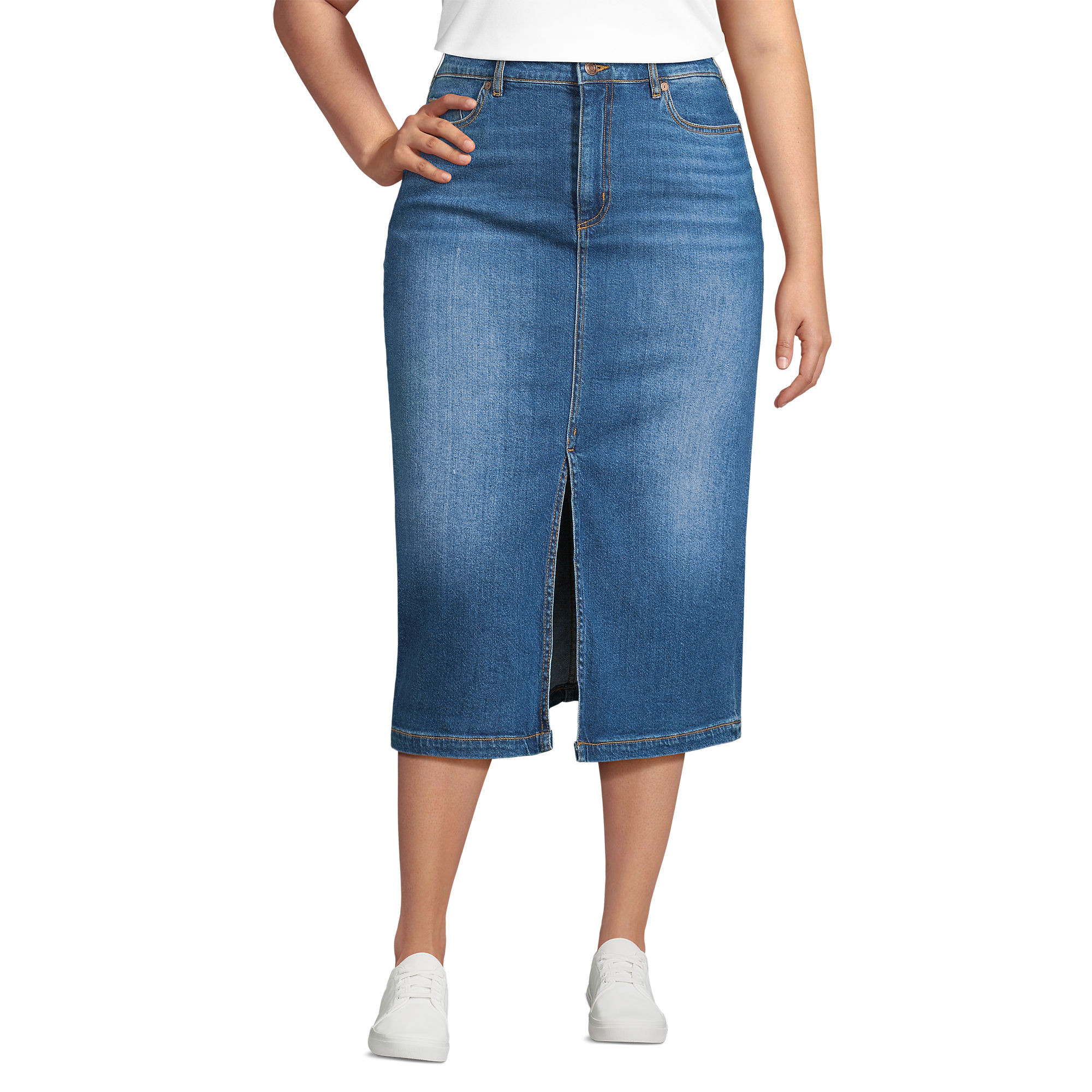 Women's Soft Denim Midi Column Skirt | Lands' End (US)