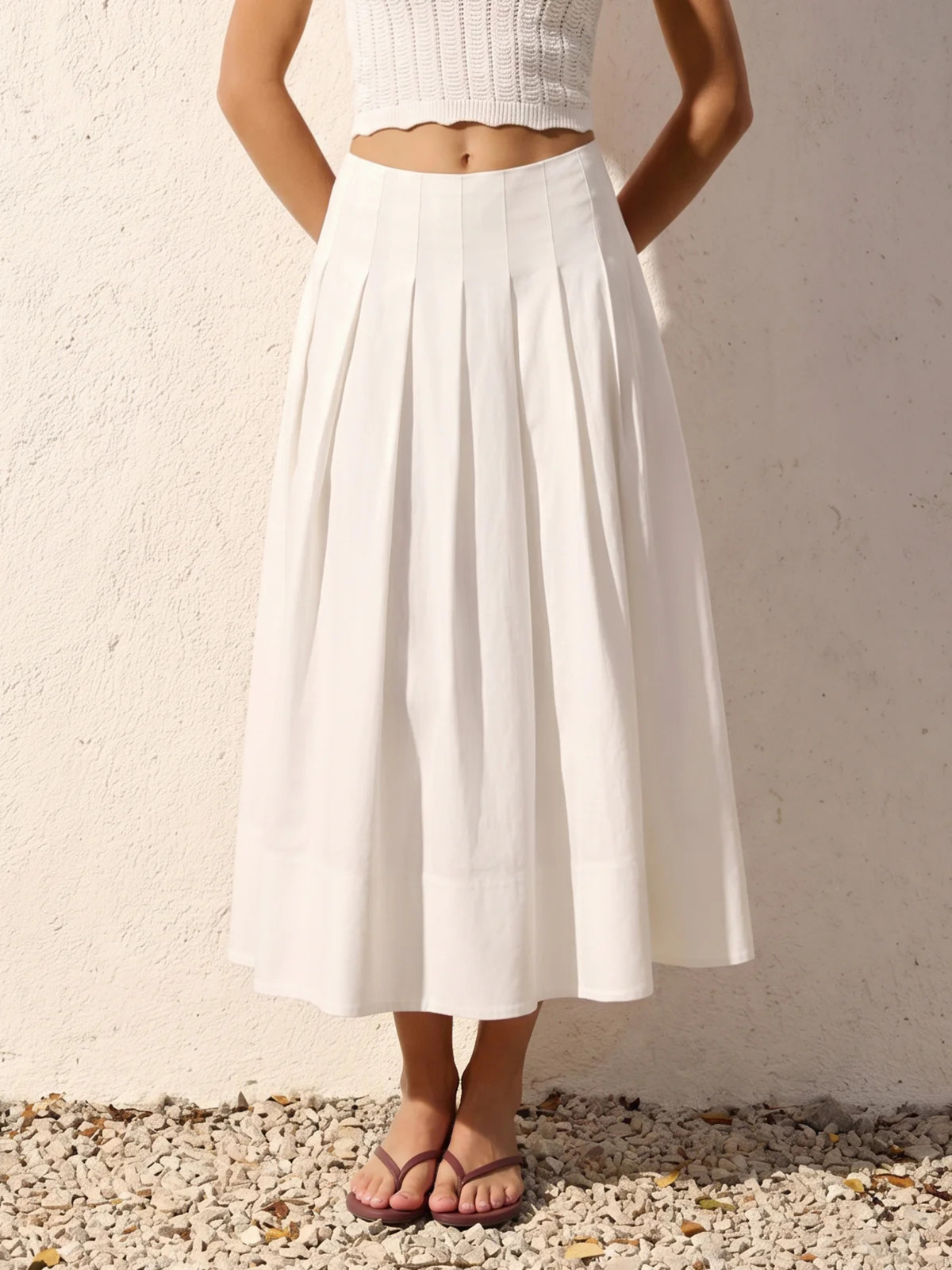 Cotton Linen Pleated Maxi Skirt | Commense