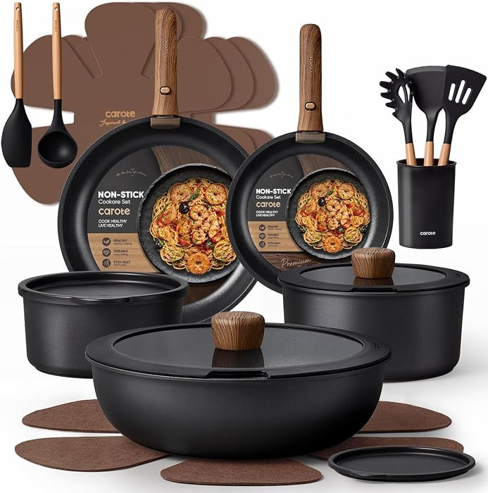 CAROTE 21pcs Pots and Pans Set Non Stick, Detachable Handle Cookware, Black | Amazon (US)