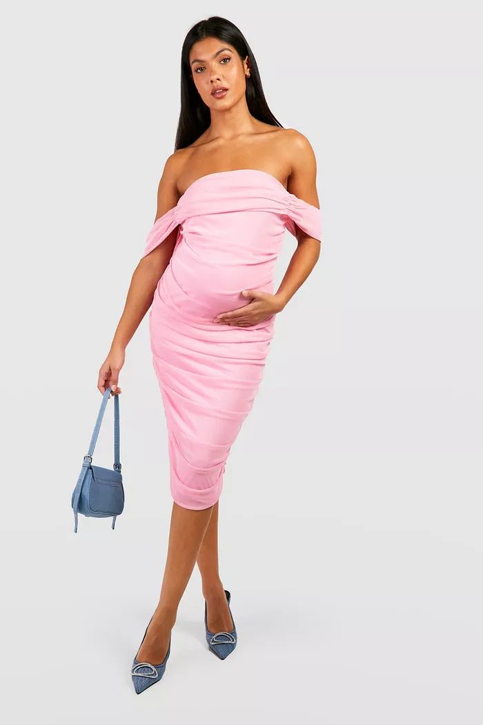 Maternity Ruched Mesh Off The Shoulder Midi Dress | boohoo (US & Canada)