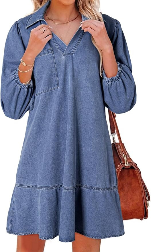 Dokotoo Denim Dress for Women Summer Casual Babydoll 2026 V Neck 3/4 Puff Sleeve Jean Dresses | Amazon (US)