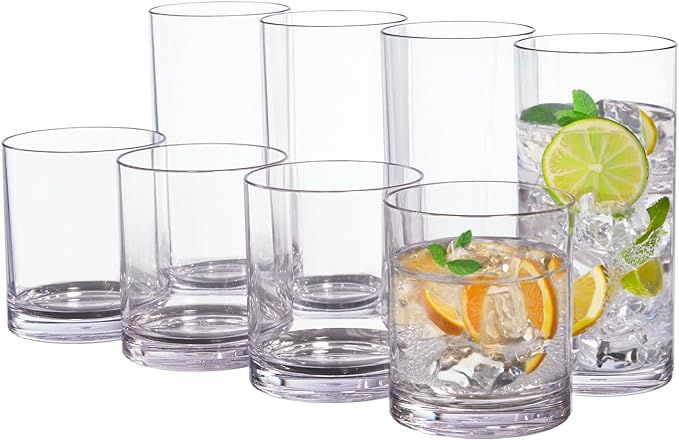 US Acrylic Classic Clear Plastic Reusable Drinking Glasses (Set of 8) 12oz Rocks & 16oz Water Cup... | Amazon (US)