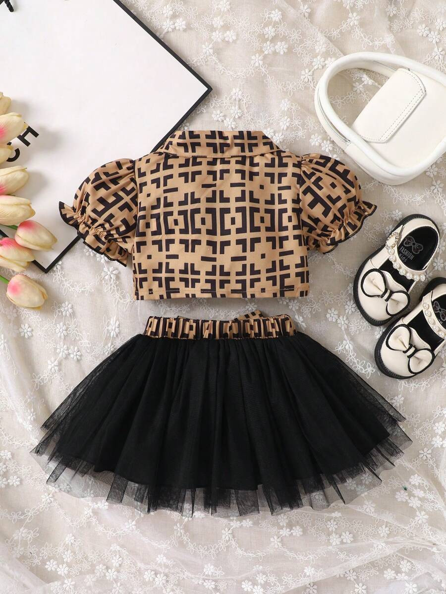 Baby Geo Print Puff Sleeve Blouse & Bow Front Mesh Overlay Skirt | SHEIN