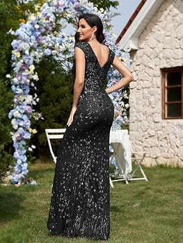 Womens Sequined Long Evening Gown Glamous Sleeveless V-Neck Mermaid Prom Dress for Wedding Party ... | Amazon (US)