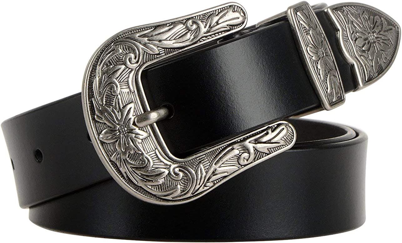 Women Leather Belts Ladies Vintage Western Design Black Waist Belt for Pants Jeans Dresses | Amazon (US)