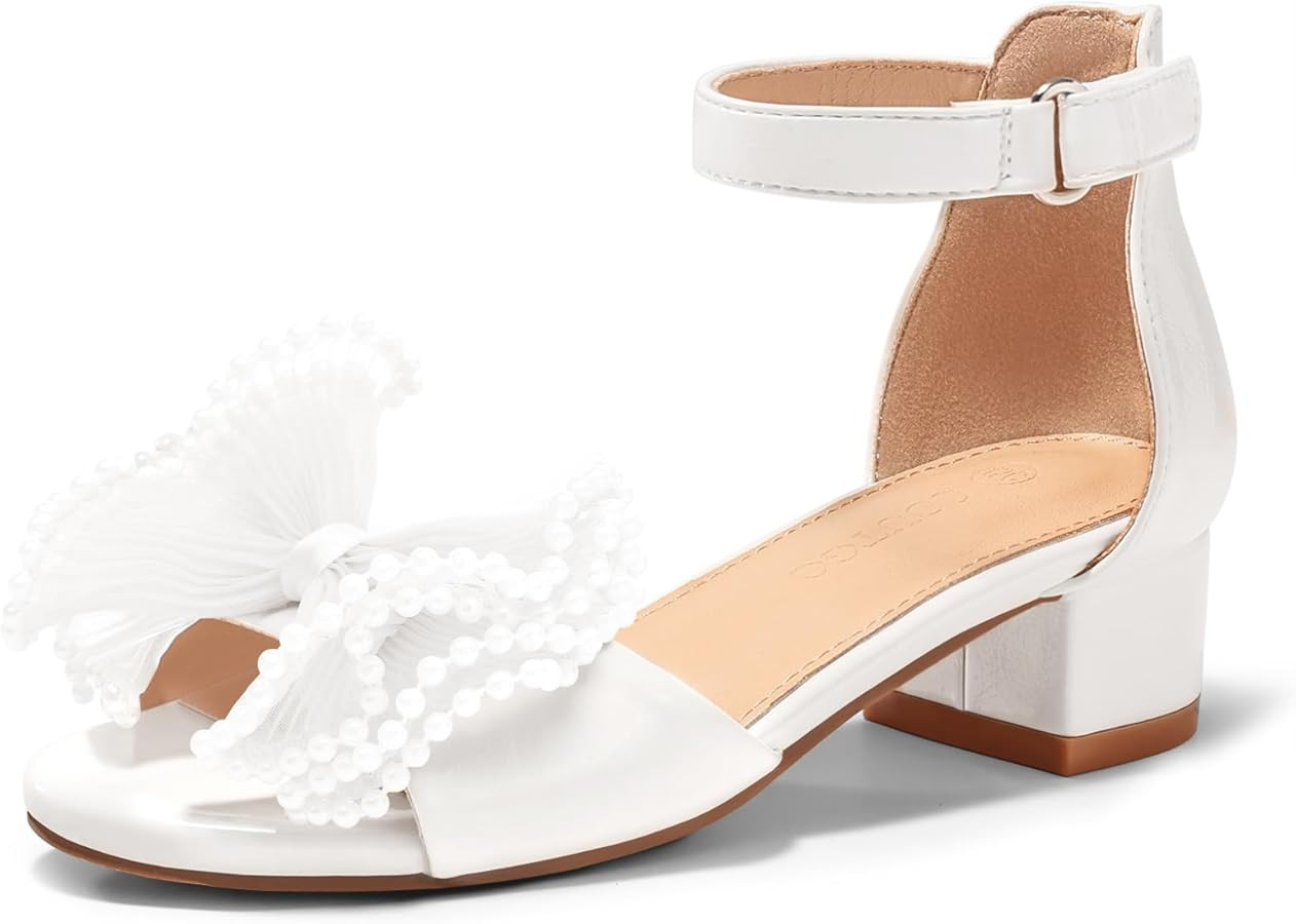Coutgo Girls Dress Shoes Sandals Bow Pearl Open Toe Low Chunky Heels Ankle Strap Flower Girl Wedd... | Amazon (US)
