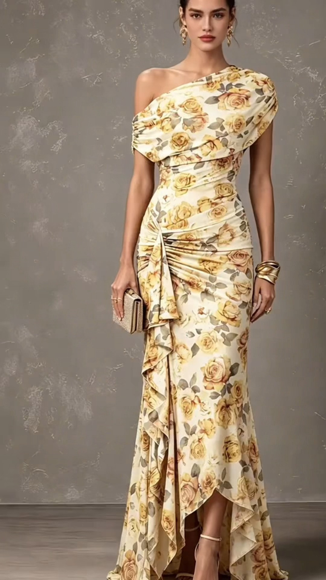 Yellow Rose One Shoulder Ruched High Low Gown
#FloralEveningGown #OneShoulderDress #WeddingGuestGown #HighLowDress #RomanticFormalWear  

 #LTKootd #LTKOver40 #LTKWedding