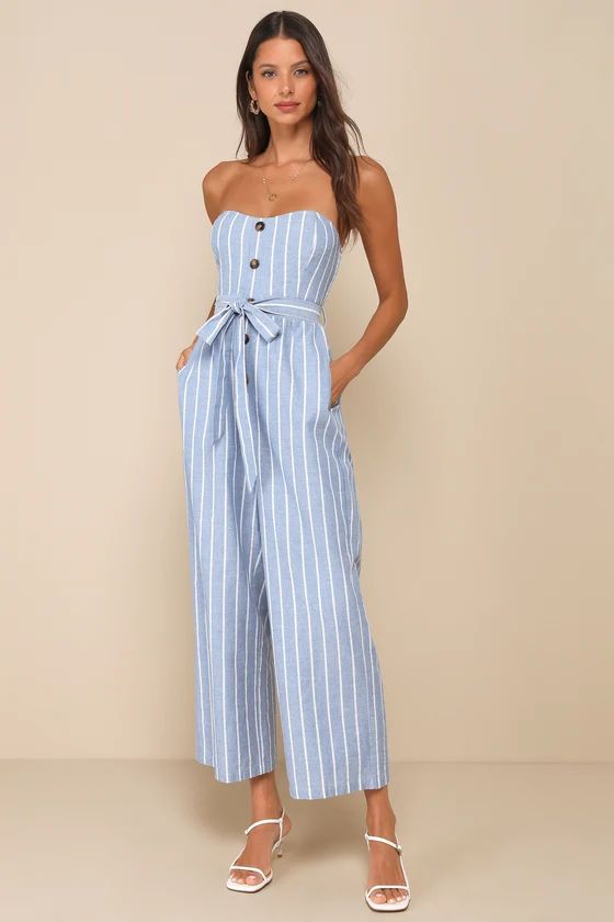 Sunny Day Classic Blue and White Striped Strapless Jumpsuit | Lulus