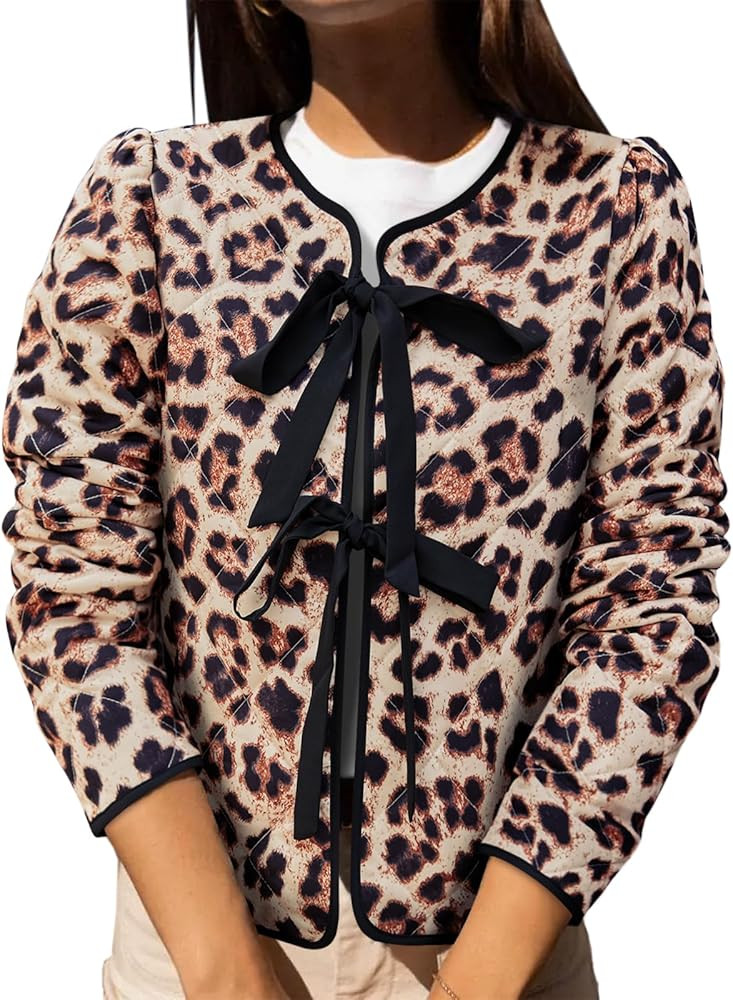Yousify Womens Cropped Puffer Jackets Floral Print Tie Open Front Lightweight Quilted Jacket Wint... | Amazon (US)