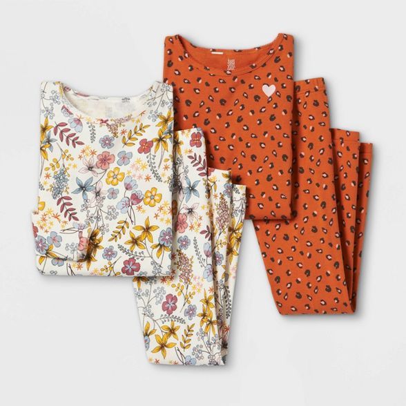 Girls' 4pc Floral Leopard Print Pajama Set - Just One You® made by carter's Off-White/Brown | Target