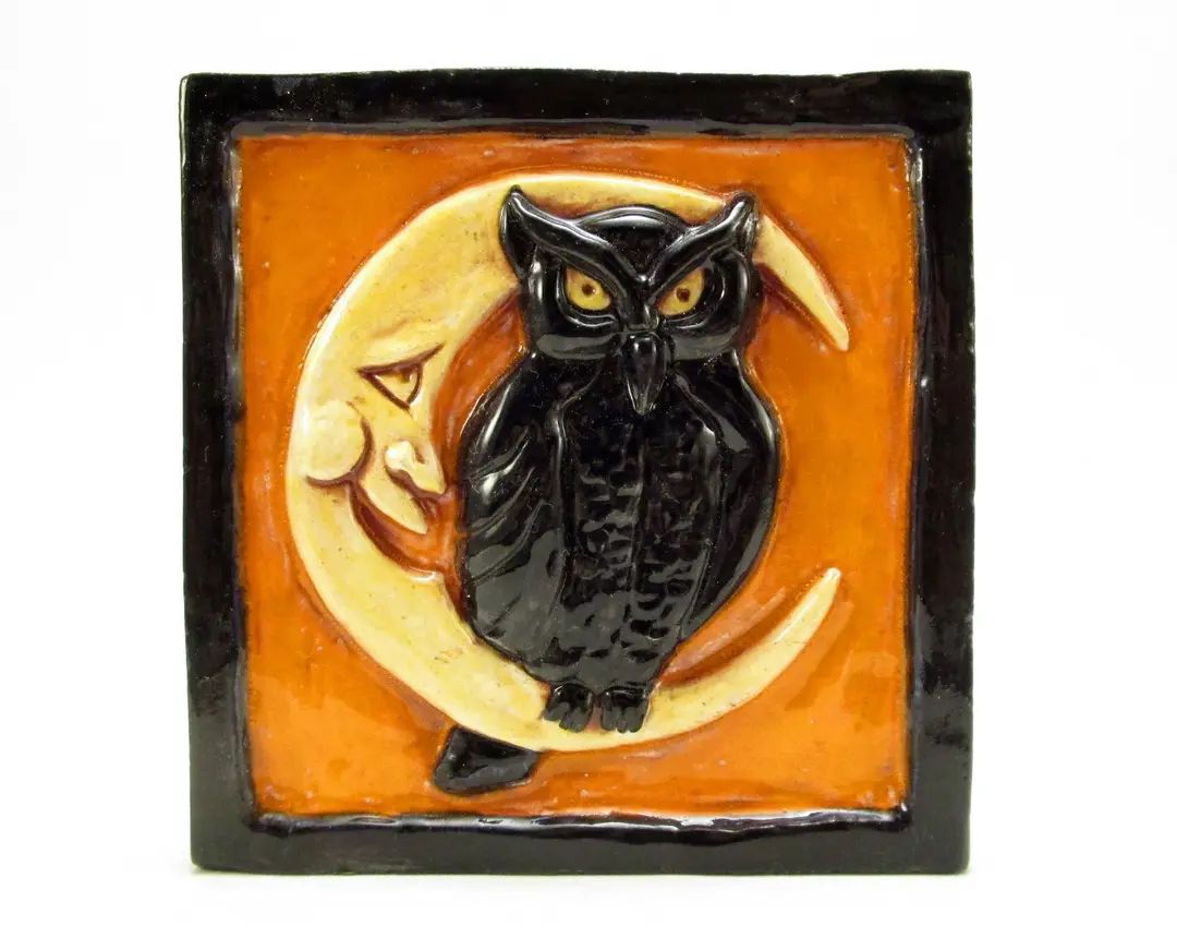 HALLOWEEN NIGHT OWL Ceramic Wall Art Tile -  Halloween Colors, Orange and Black, 4x4 Handmade Old... | Etsy (US)