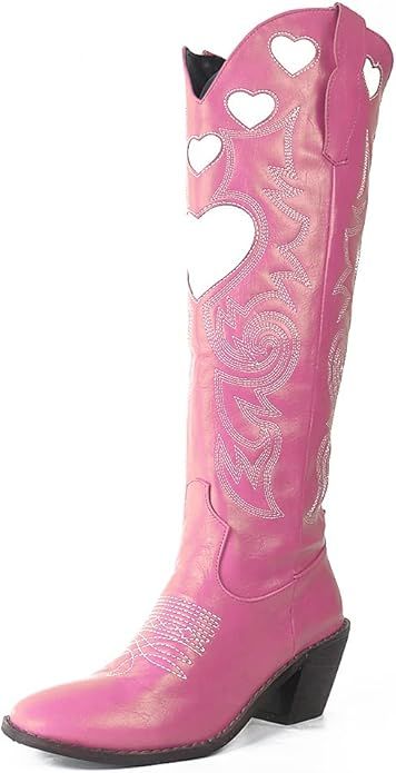 LULUSHELY Cowgirl Mid Calf Boots for Women,Round Toe Heart Pattern Pull on Chunky Heel Western Bo... | Amazon (US)