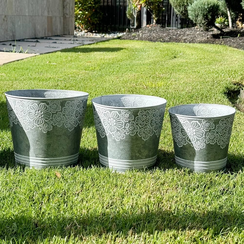 allgala Galvanized Planter Pot Indoor and Outdoor Decoration-Round Grey-3-PC-HD88314 | Amazon (US)