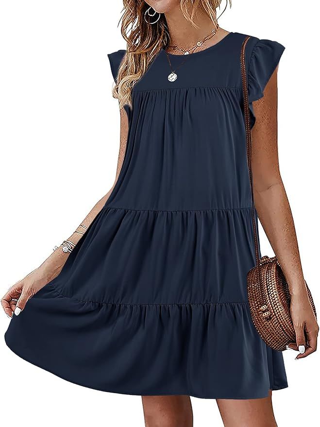 Imysty Womens Summer Mini Dress Casual Sleeveless Ruffle Sleeve Round Neck Flowy Pleated Babydoll... | Amazon (US)