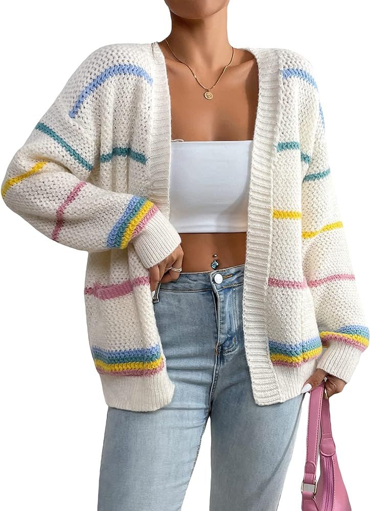 SHENHE Women's Open Front Colorful Striped Drop Shoulder Oversized Cardigan Sweater | Amazon (US)