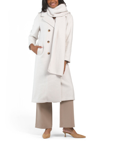 Wool Blend Button Down Coat With Scarf | TJ Maxx