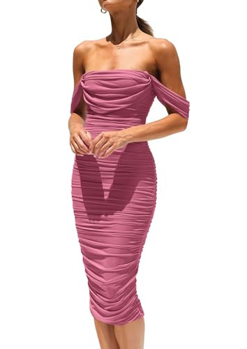PRETTYGARDEN Wedding Guest Dress 2026 Summer Off Shoulder Ruched Elegant Sexy Bodycon Homecoming Cocktail Party Midi Dress (Dusty Pink,Large) | Amazon (US)