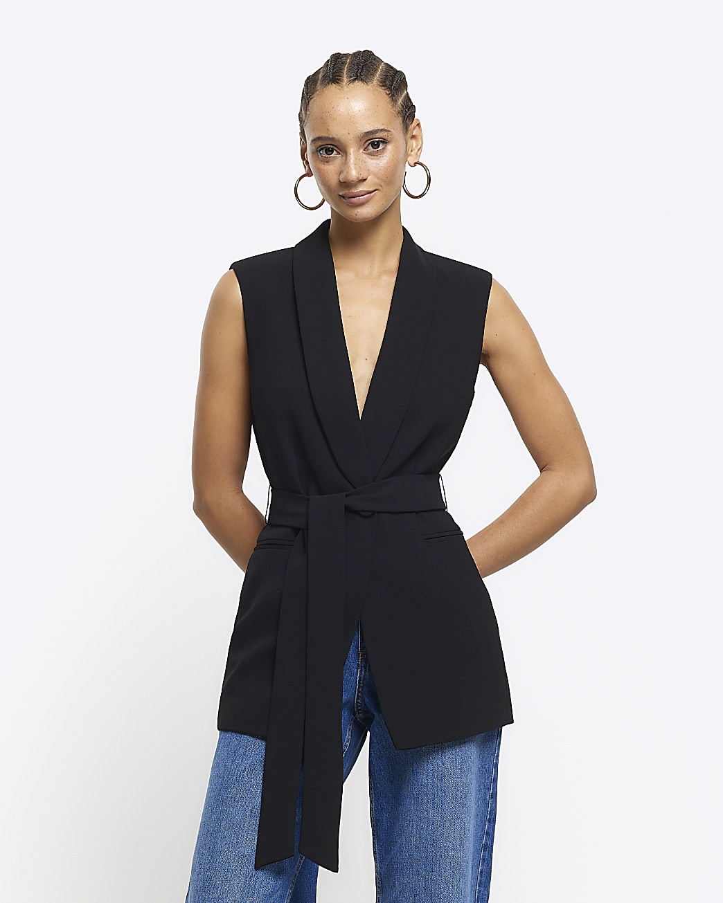 Black belted longline waistcoat | River Island (UK & IE)