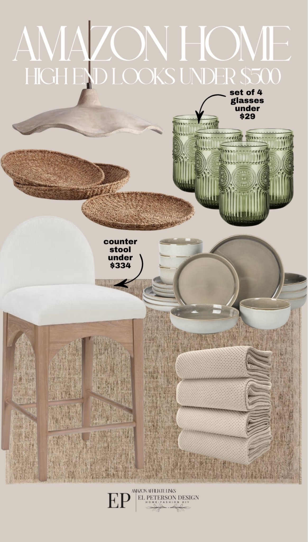 Amazon
Counter stool
Glass
Tray
Dish sets
Kitchen towel
Pendant light

#LTKHome