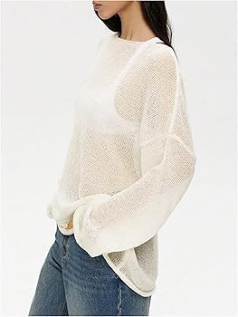 Women's Sheer Mesh Long Sleeve Tops Boat Neck See Through Lightweight Sweater Crochet Knit Tops | Amazon (US)