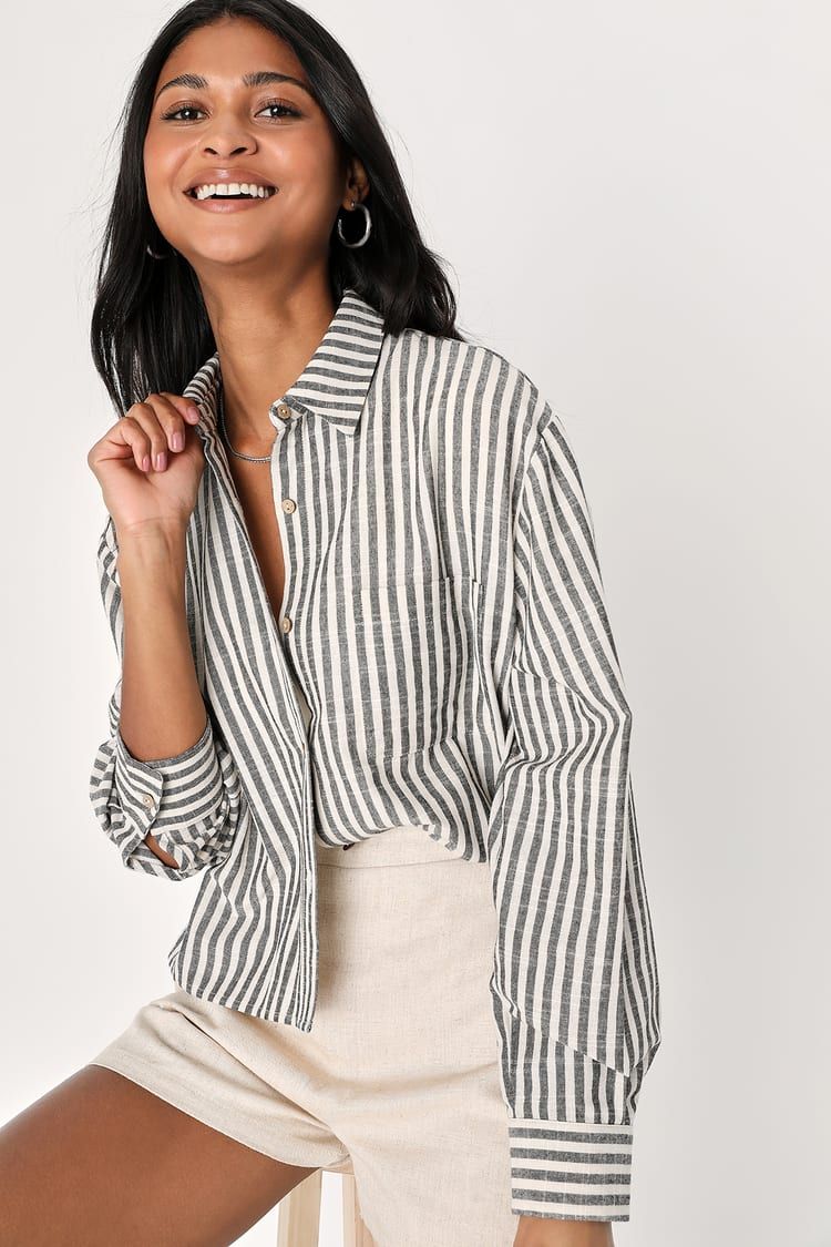 Chic Marvel White and Grey Striped Button-Up Long Sleeve Top | Lulus (US)