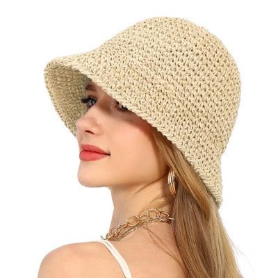 Anna-Kaci Crochet Raffia Bucket Hat Lightweight Foldable Wide Brim Sun Hat for Stylish Summer Protection - Beige | Target