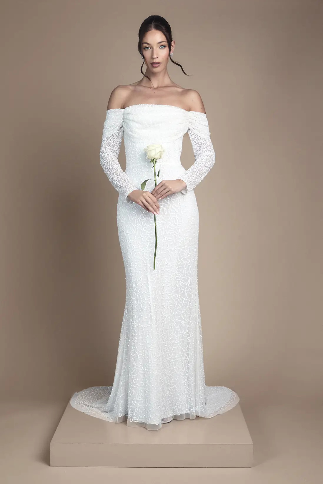Ivory Coast Honoured Sequin Draped Bardot Long Sleeve Maxi Wedding Dress | Boohoo USA | boohoo (US & Canada)