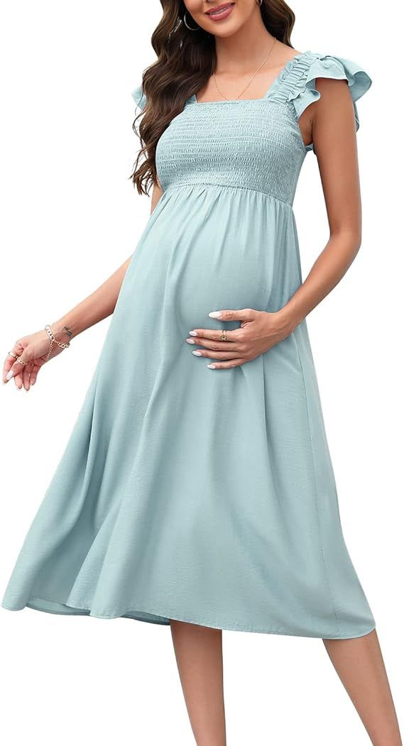 Womens Maternity Dress for Photoshoot Baby Shower Flutter Strap Sleeve Square Neck Smocked Maxi B... | Amazon (US)