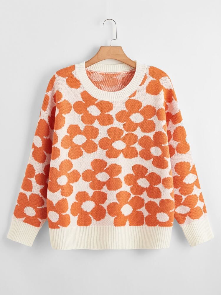 Plus Allover Floral Pattern Drop Shoulder Sweater | SHEIN