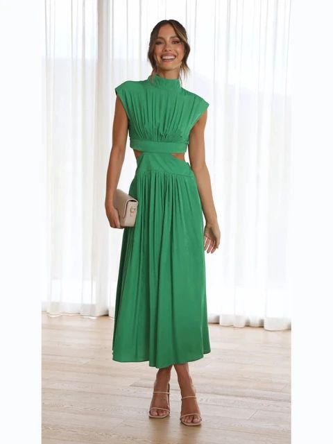 Women Spring Summer Green Long Maxi Dress Solid Color Fashion Sleeveless Backless Sweet Elegant C... | AliExpress (US)