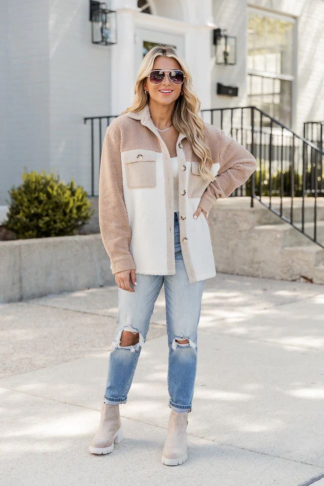 Don't Talk Me Down Beige And Ivory Colorblock Sherpa Jacket | Pink Lily