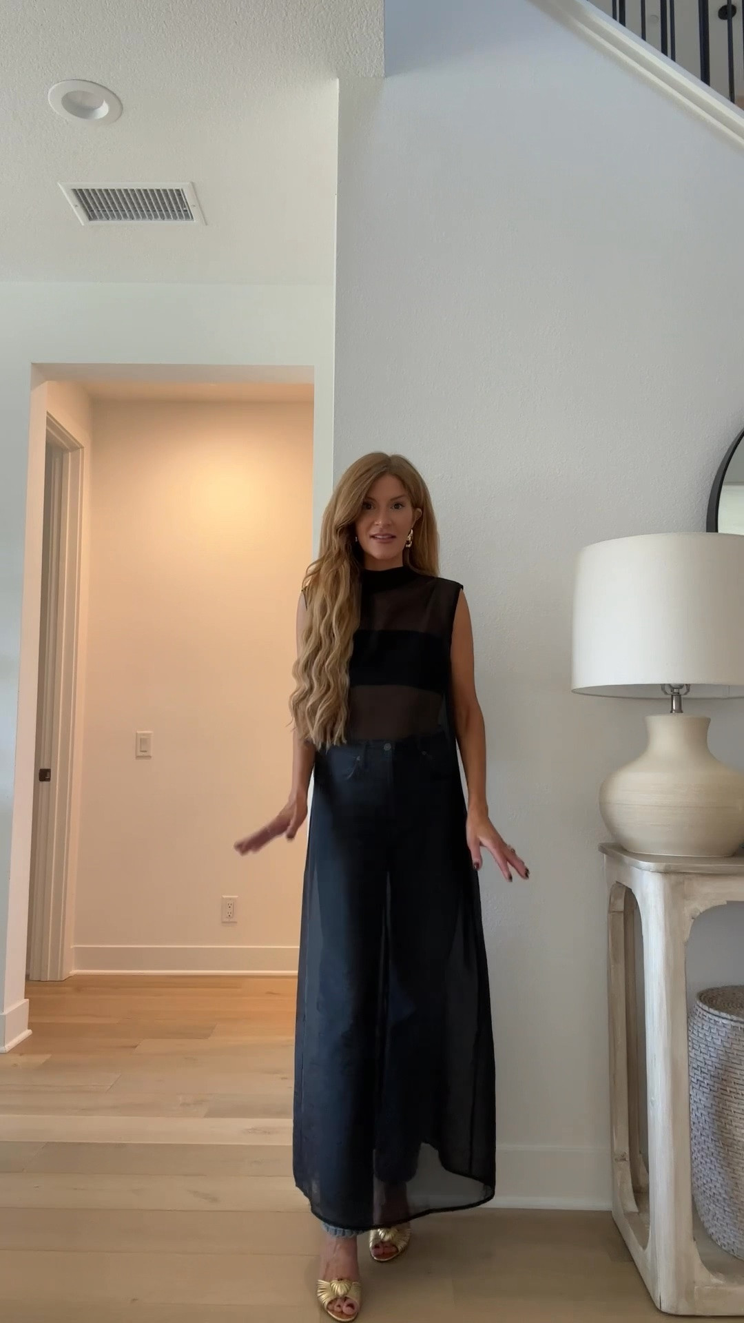 Fall outfit! Sheer black top styled over jeans with the moat fun gold party bag. Xs in the tunic, jeans run true will link the gold version of my bag in stories!

#LTKootd #LTKSeasonal #LTKOver40