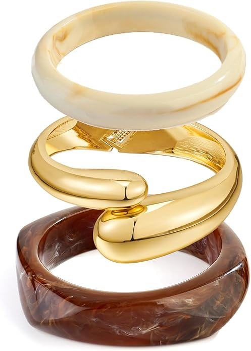 3PCS Beige Tortoiseshell Acrylic Resin Bangle Bracelet and Gold Chunky Teardrop Bracelet | Amazon (US)