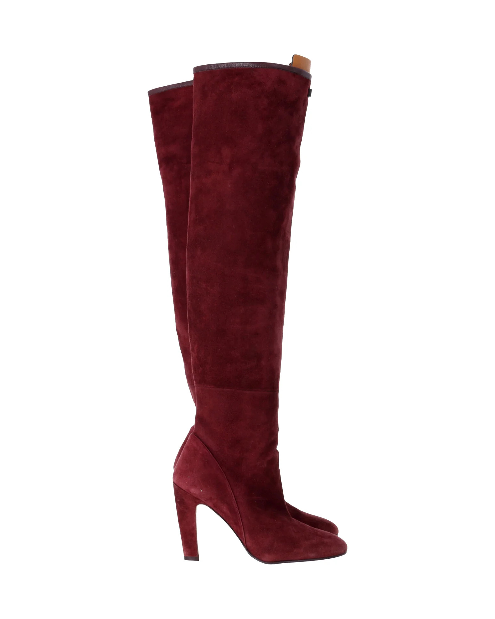 Stuart Weitzman Edie Leather Panel Stretch Knee High Boots in Red Suede | Shop Simon