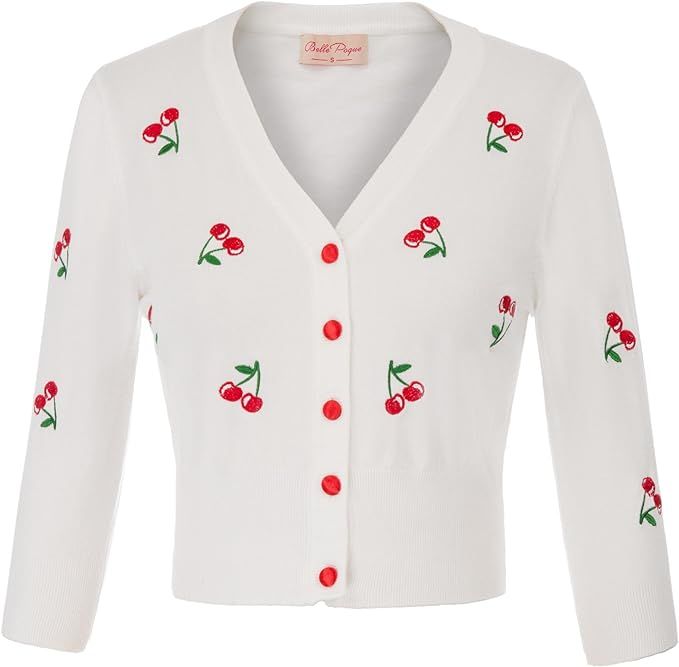 Belle Poque Women's Vintage 50s Cherries Embroidery Cardigan Sweater V-Neck 3/4 Sleeve Cropped Sw... | Amazon (UK)