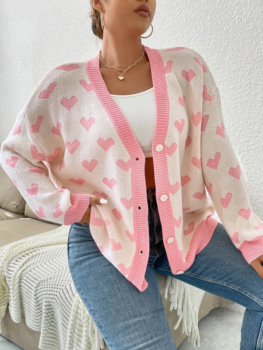 Plus Heart Pattern Drop Shoulder CardiganSKU: sf2207041255546146(100+ Reviews)$23.00Make 4 paymen... | SHEIN