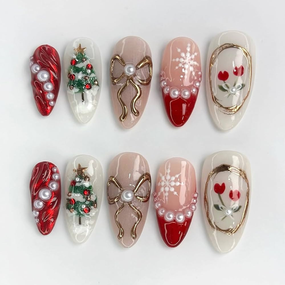 30Pcs Cute Christmas Press on Nails, White Snowflakes and Christmas Tree Fake Nail Medium Almond ... | Amazon (US)