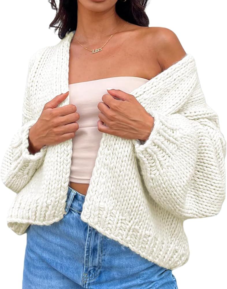 Women Button Down Sweater V Neck Cable Knit Crop Cardigan Cute Oversized Jumper Pullover Top Aest... | Amazon (US)