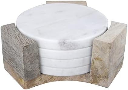 Bloomingville Round Marble Mango Wood Holder (Set of 5 Pieces) Coasters, White, 5 Count | Amazon (US)