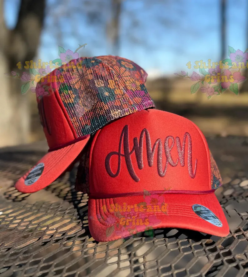 Amen Rusty Orange Floral Mesh Hat with Wine Glitter Puff Vinyl | Etsy (Global)