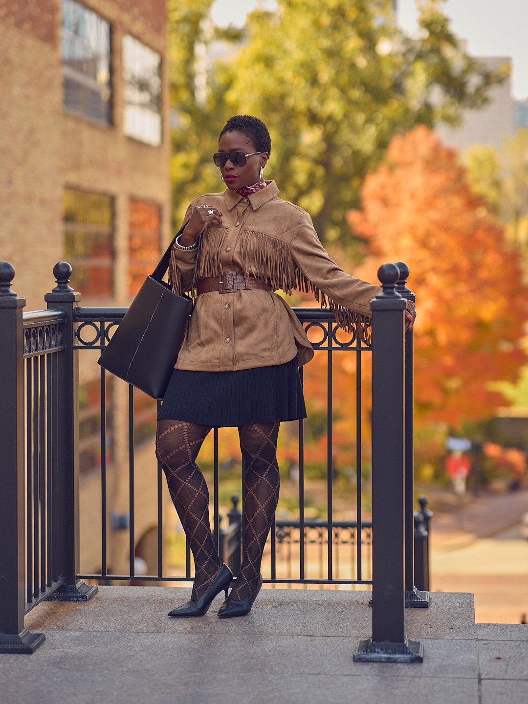 Jacket season is also fringe season! Love this faux suede fringe jacket for Fall elevated casual outfits 🍂🍁 It's tall-girl-friendly, comes in petite sizes, and feels so good on! I went with a L for a roomier fit. Ann Taylor Fall collection, Fall 2025, Loft, women's jackets, black mini skirts, patterned tights, comfy heels, oversized leather tote, affordable fashion, neutral style

#LTKOver40 #LTKTall #LTKWorkwear