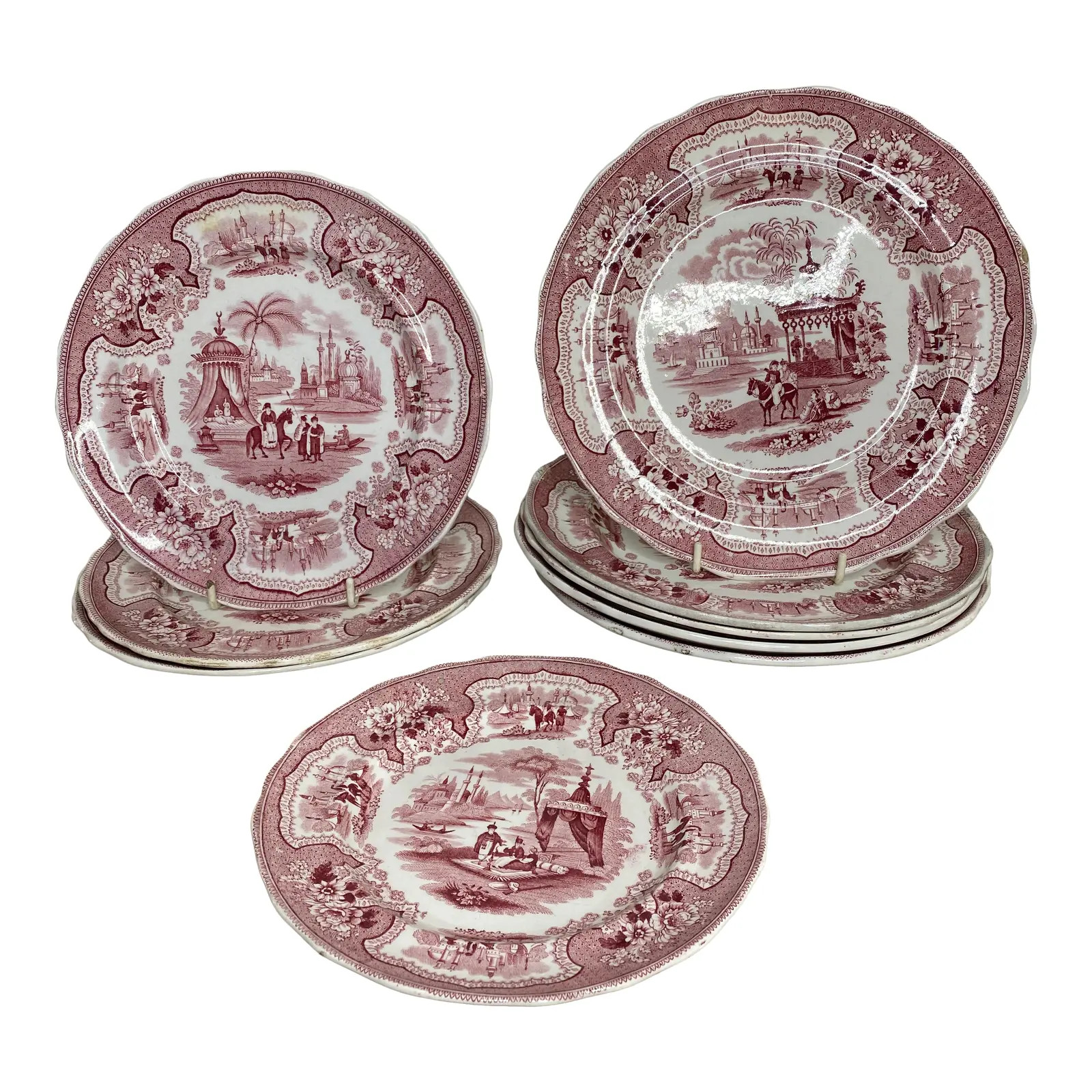 Early 19th Century Red/Pink Staffordshire China - Set of 9 | Chairish