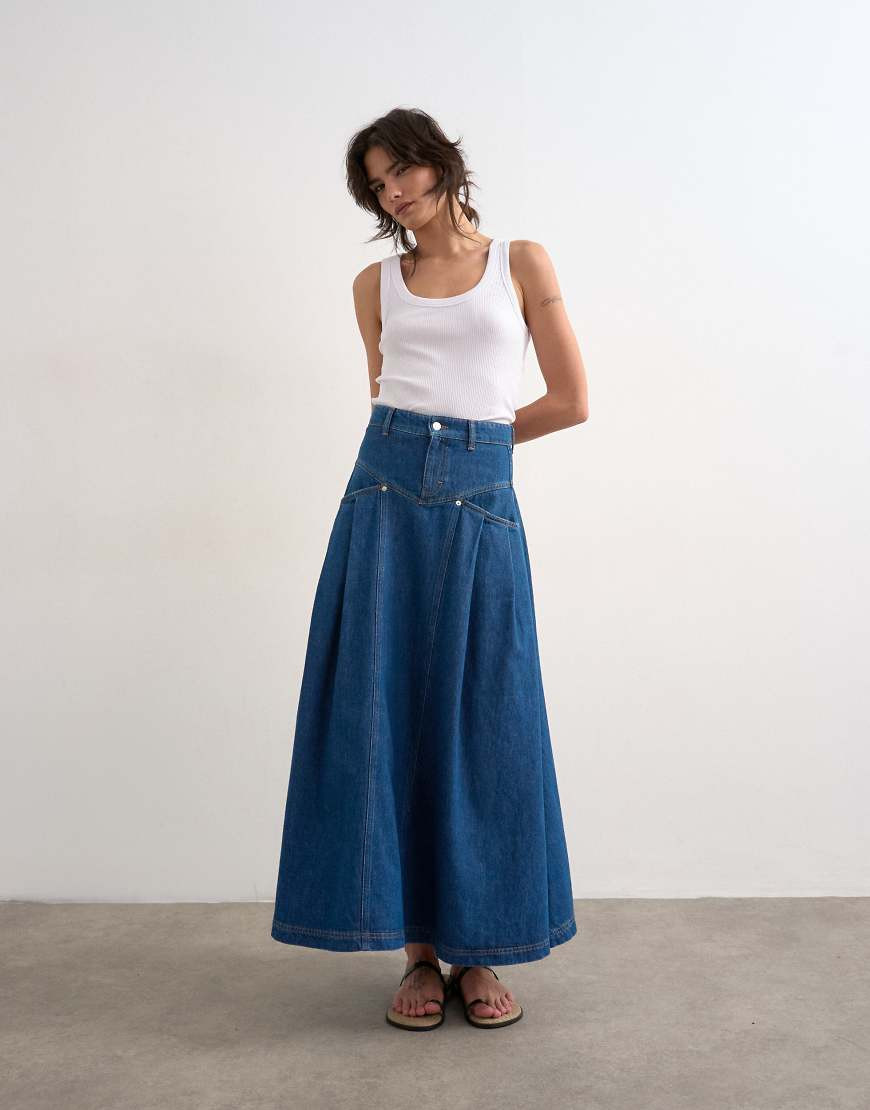 Topshop denim yoke pleated maxi skirt in rich blue | ASOS (Global)