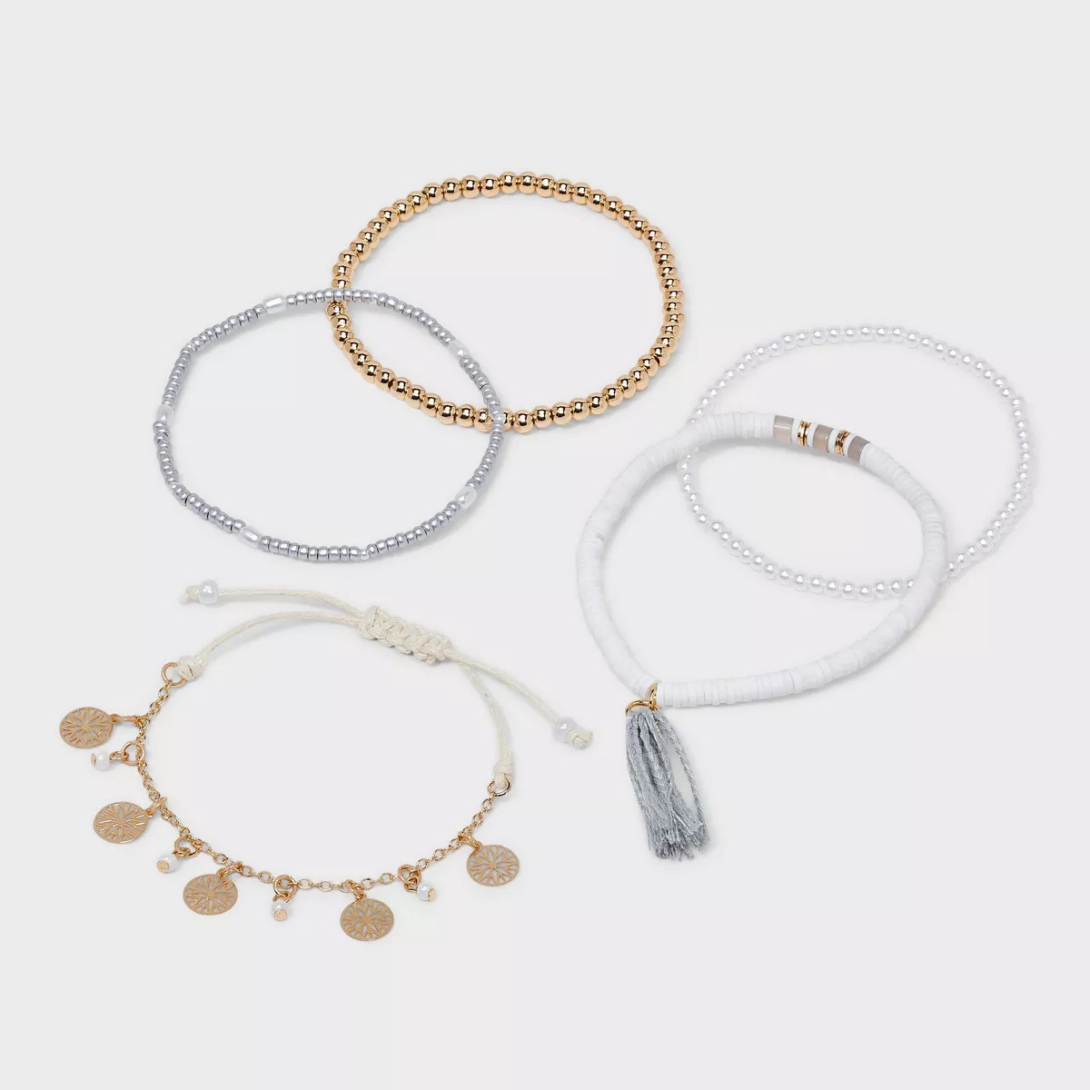 Decorative Hammered Discs and Tassel Bracelet Set 5pc - A New Day | Target