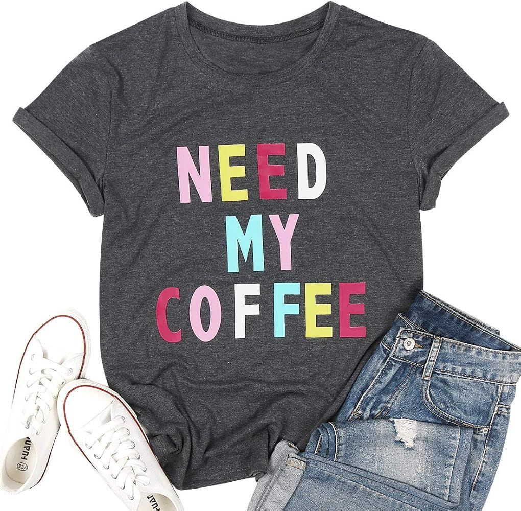 Coffee T Shirts for Women Coffee Coffee Coffee Letters Print Shirt with Funny Sayings Casual Tee ... | Amazon (US)