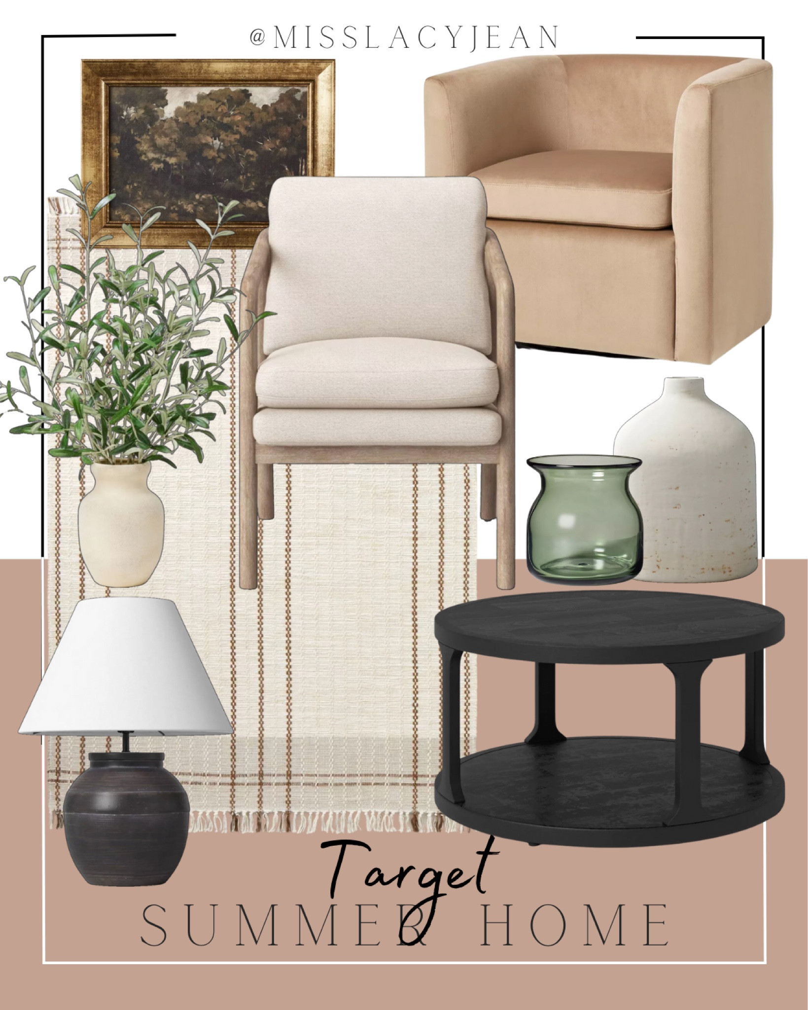Target home finds includes area rug, table lamp, coffee table, vase, green vase, faux plant, accent chair, wall art.

Neutral decor, Target finds, neutral home decor, living room, living room finds 

#LTKHome #LTKFindsUnder100 #LTKStyleTip
